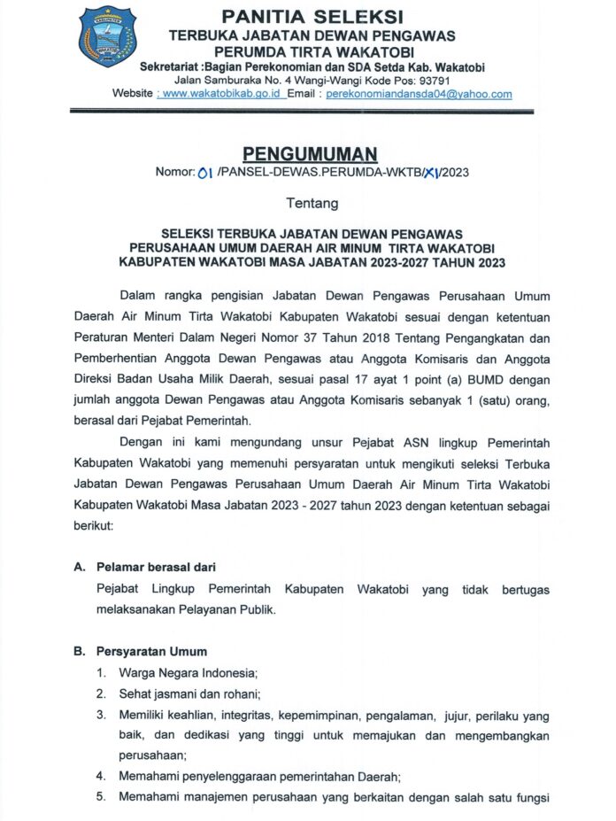 Ini Pengumuman Seleksi Terbuka Jabatan Dewan Pengawas Perusahaan Umum ...